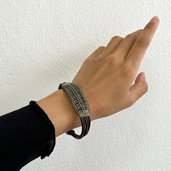 Vintage Handwoven Wire Leather Bracelet