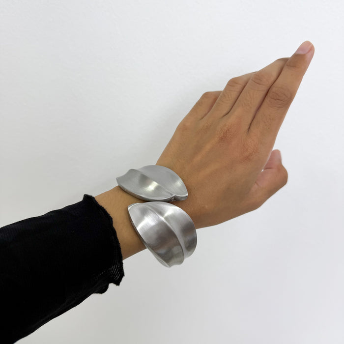 Vintage Brushed Silver-Tone Abstract Hinged Cuff Bracelet