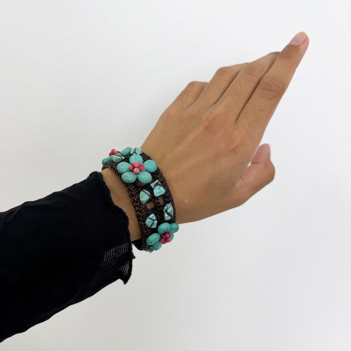 Vintage Handwoven Turquoise Floral Cuff Bracelet