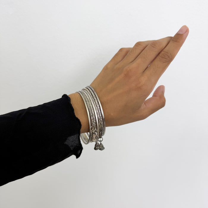 Vintage Silver-Tone Charm Bangle Set (7 Pieces)
