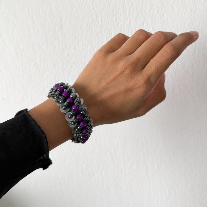 Vintage Purple Beaded Leather Cuff Bracelet