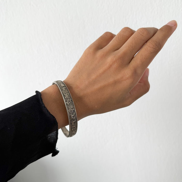 Vintage Zodiac Motif Silver-Tone Open Cuff Bracelet