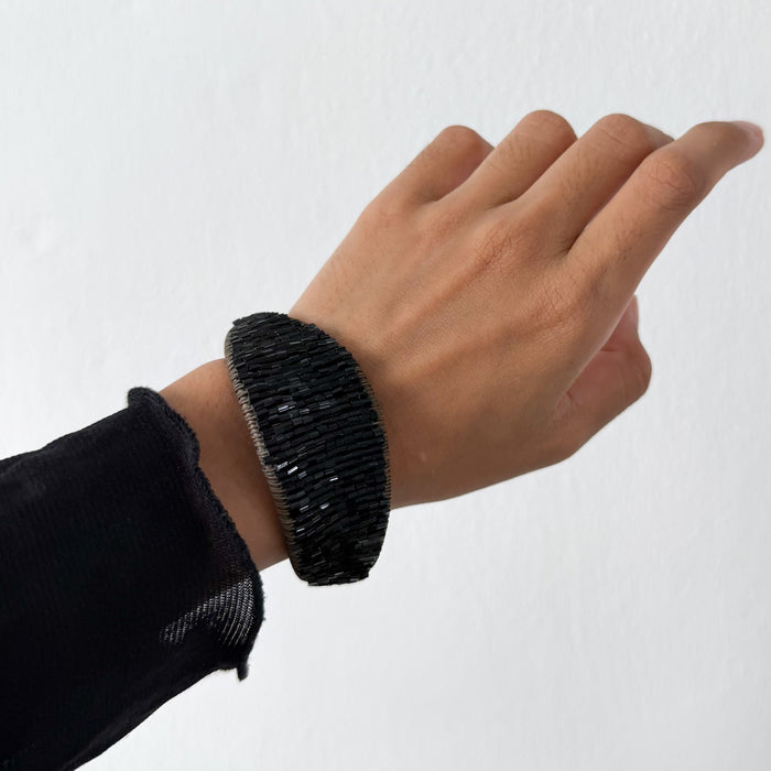 Vintage Black Beaded Tribal Cuff Bracelet