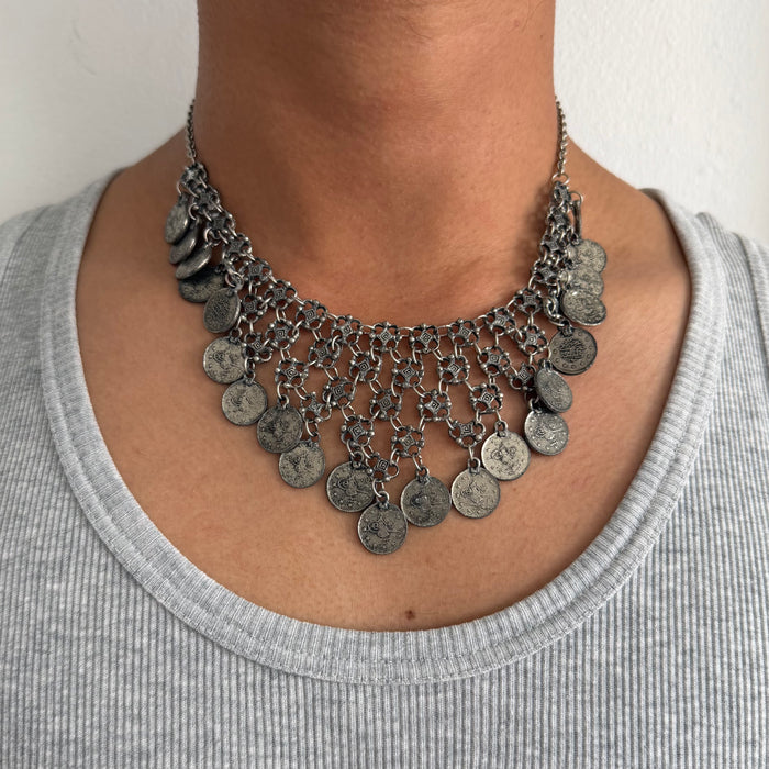 Vintage Silver-Tone Coin Bib Statement Necklace