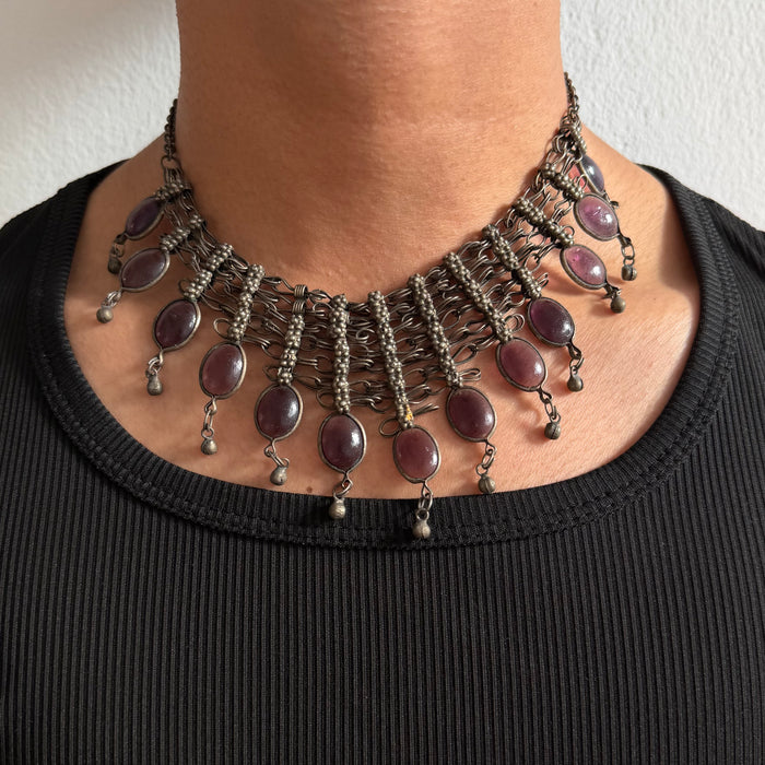 Vintage Antique Bronze-Tone Purple Glass Statement Necklace