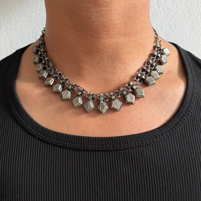 Vintage Silver-Tone Geometric Charm Necklace