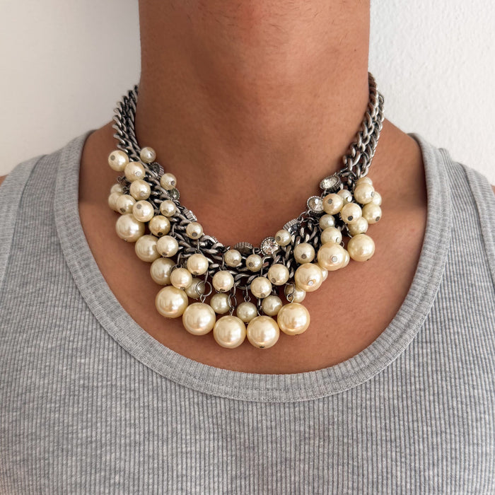 Vintage Silver-Tone Pearl & Rhinestone Statement Necklace