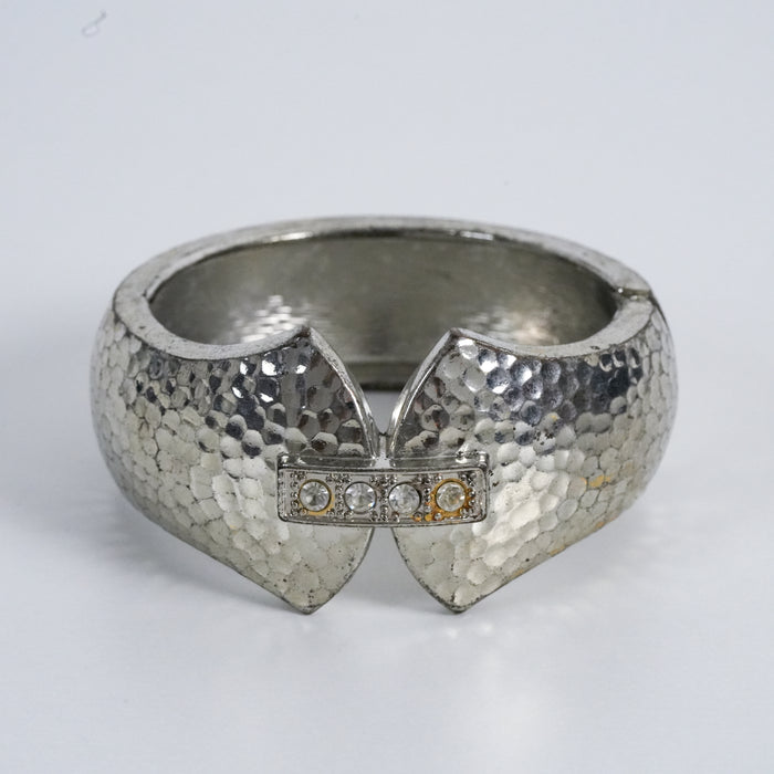 Vintage Hammered Silver Tone Hinged Rhinestone Bracelet