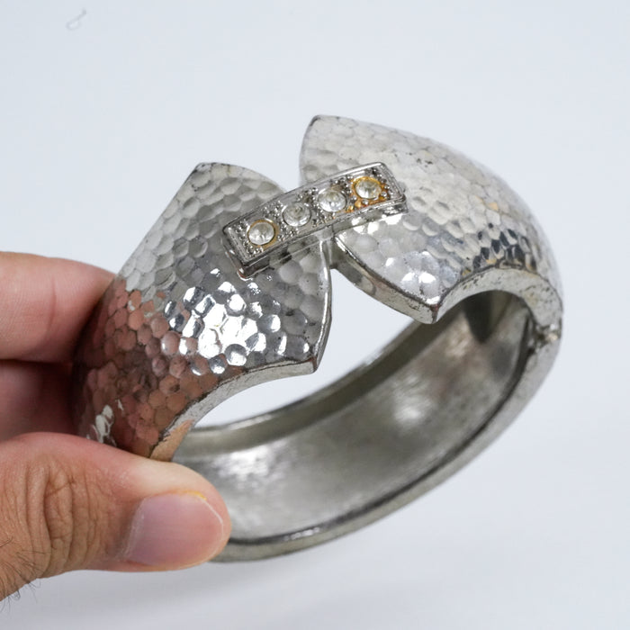 Vintage Hammered Silver Tone Hinged Rhinestone Bracelet