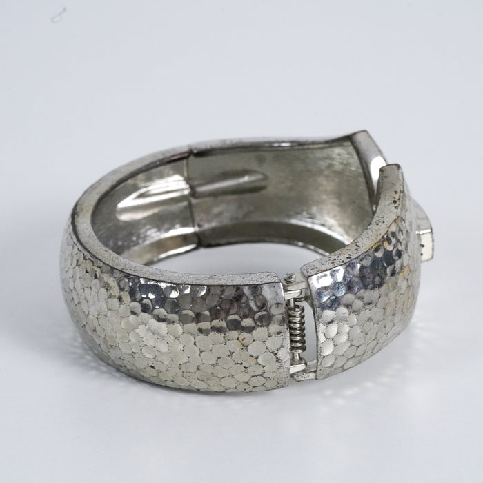 Vintage Hammered Silver Tone Hinged Rhinestone Bracelet