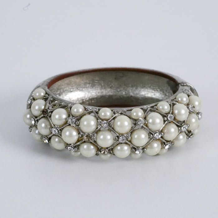 Vintage Faux Pearl Rhinestone Hinged Bangle Bracelet Silver Tone Glam Statement