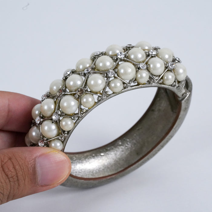 Vintage Faux Pearl Rhinestone Hinged Bangle Bracelet Silver Tone Glam Statement