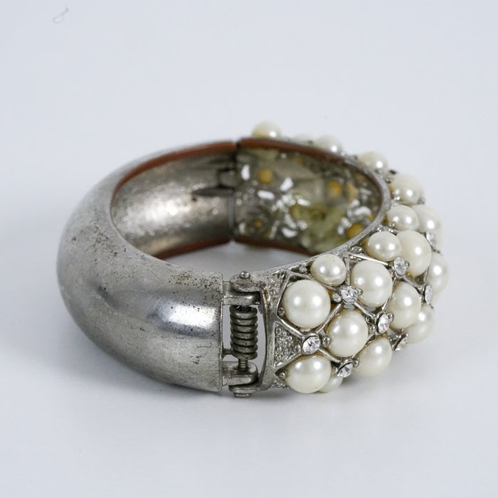 Vintage Faux Pearl Rhinestone Hinged Bangle Bracelet Silver Tone Glam Statement