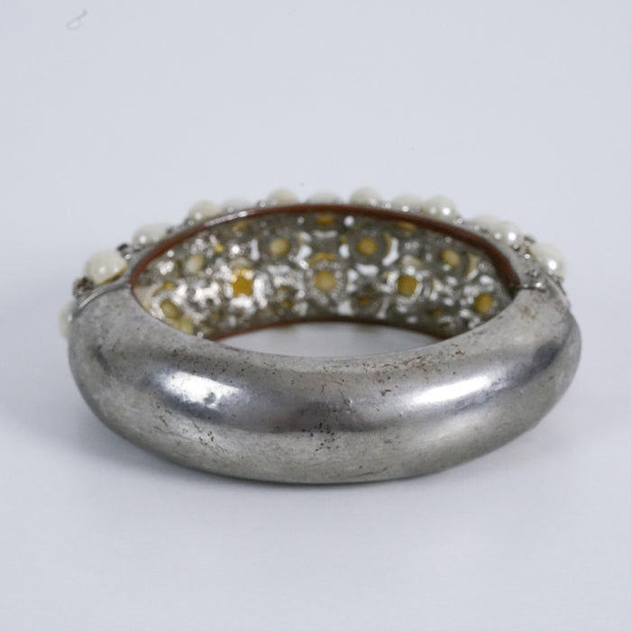 Vintage Faux Pearl Rhinestone Hinged Bangle Bracelet Silver Tone Glam Statement