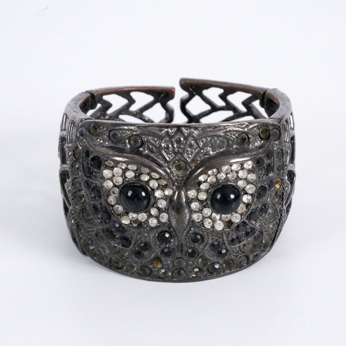 Vintage Owl Cuff Bracelet Gunmetal Rhinestone Wide Statement