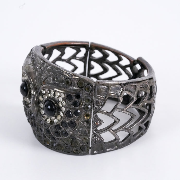 Vintage Owl Cuff Bracelet Gunmetal Rhinestone Wide Statement