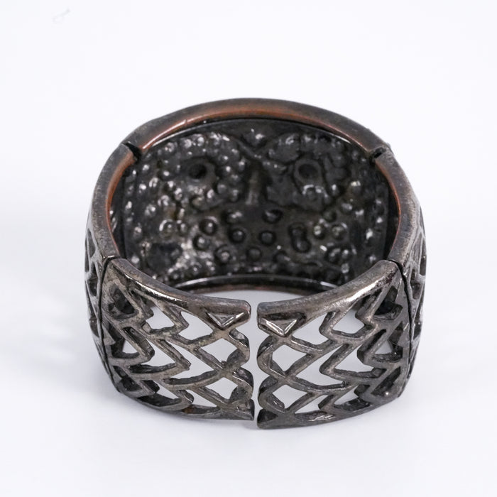 Vintage Owl Cuff Bracelet Gunmetal Rhinestone Wide Statement