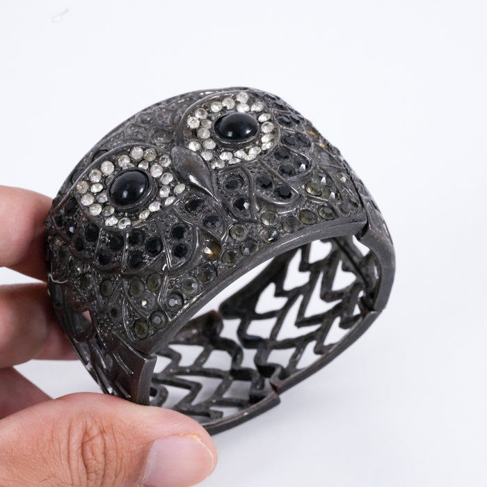 Vintage Owl Cuff Bracelet Gunmetal Rhinestone Wide Statement