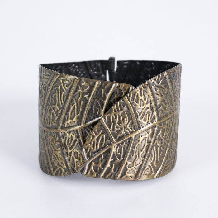 Vintage Brass Tone Embossed Wide Cuff Bracelet Tribal Etched Statement Hinged Bangle
