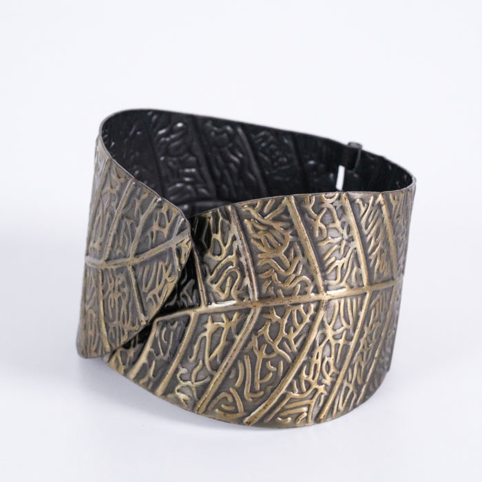 Vintage Brass Tone Embossed Wide Cuff Bracelet Tribal Etched Statement Hinged Bangle