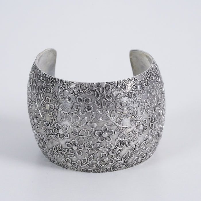 Vintage Silver Tone Floral Embossed Wide Cuff Bracelet Botanical Boho Statement