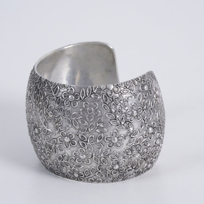Vintage Silver Tone Floral Embossed Wide Cuff Bracelet Botanical Boho Statement