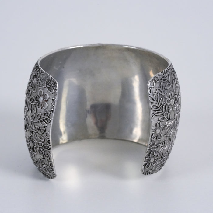 Vintage Silver Tone Floral Embossed Wide Cuff Bracelet Botanical Boho Statement