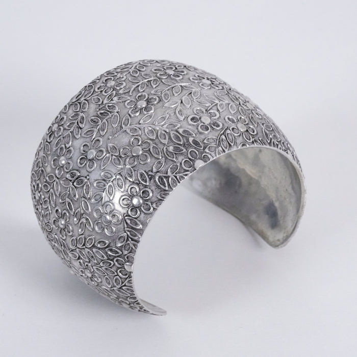 Vintage Silver Tone Floral Embossed Wide Cuff Bracelet Botanical Boho Statement