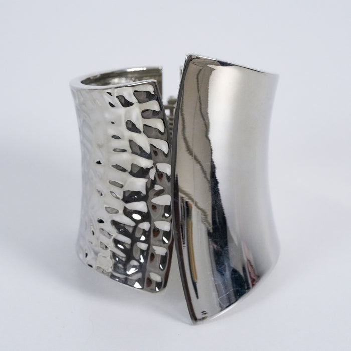 Vintage Silver Tone Wide Hinged Cuff Bracelet Hammered Asymmetrical Statement