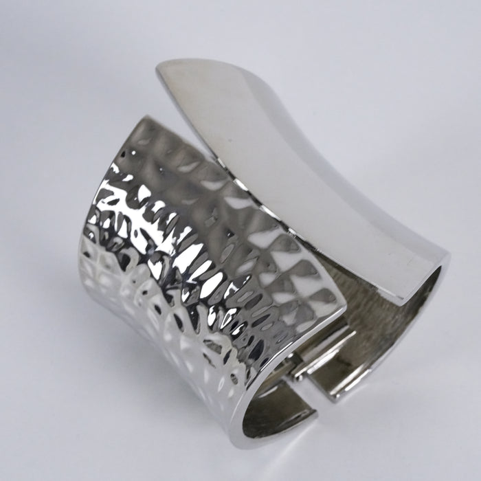 Vintage Silver Tone Wide Hinged Cuff Bracelet Hammered Asymmetrical Statement