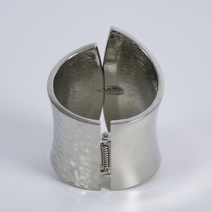Vintage Silver Tone Wide Hinged Cuff Bracelet Hammered Asymmetrical Statement