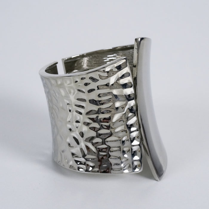 Vintage Silver Tone Wide Hinged Cuff Bracelet Hammered Asymmetrical Statement