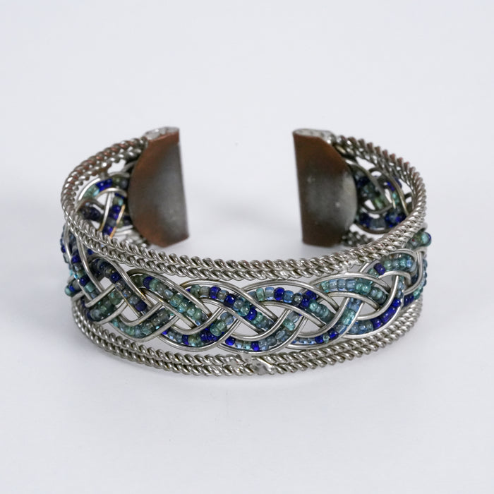 Vintage Silver Tone Woven Beaded Cuff Bracelet Blue Aqua Boho Statement