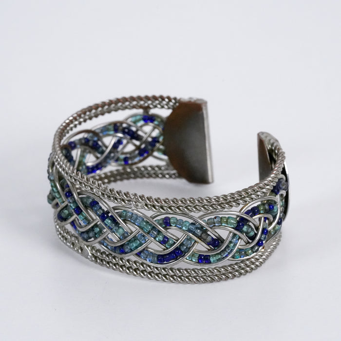 Vintage Silver Tone Woven Beaded Cuff Bracelet Blue Aqua Boho Statement