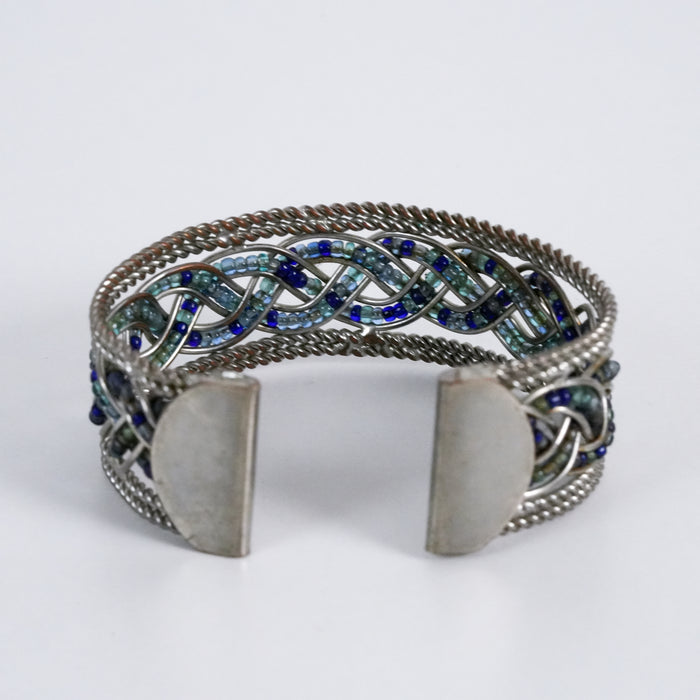 Vintage Silver Tone Woven Beaded Cuff Bracelet Blue Aqua Boho Statement
