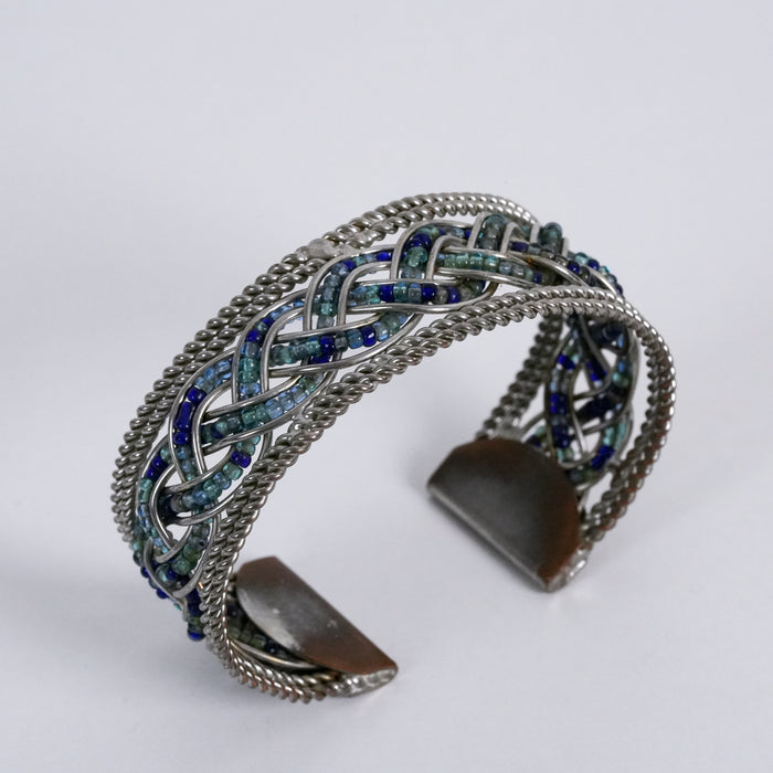 Vintage Silver Tone Woven Beaded Cuff Bracelet Blue Aqua Boho Statement