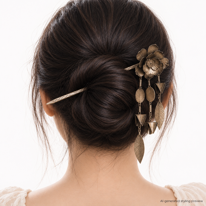Vintage Bronze-Tone Floral Hair Stick with Geometric Dangle Charms